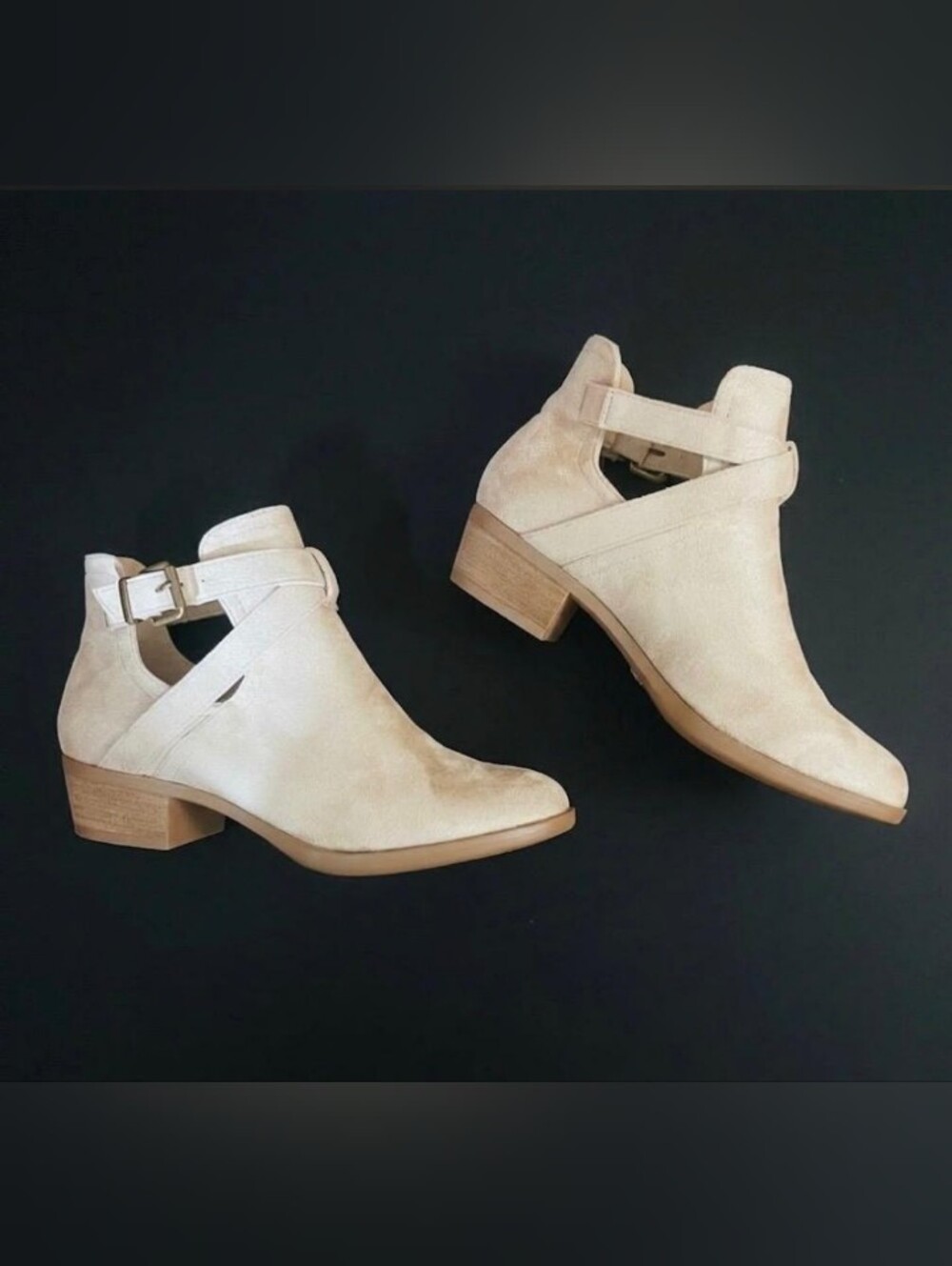 New, JustFab, Beige Suede Buckle Strap Ankle Booties. Size 7. Heel's Hight: 1.5"